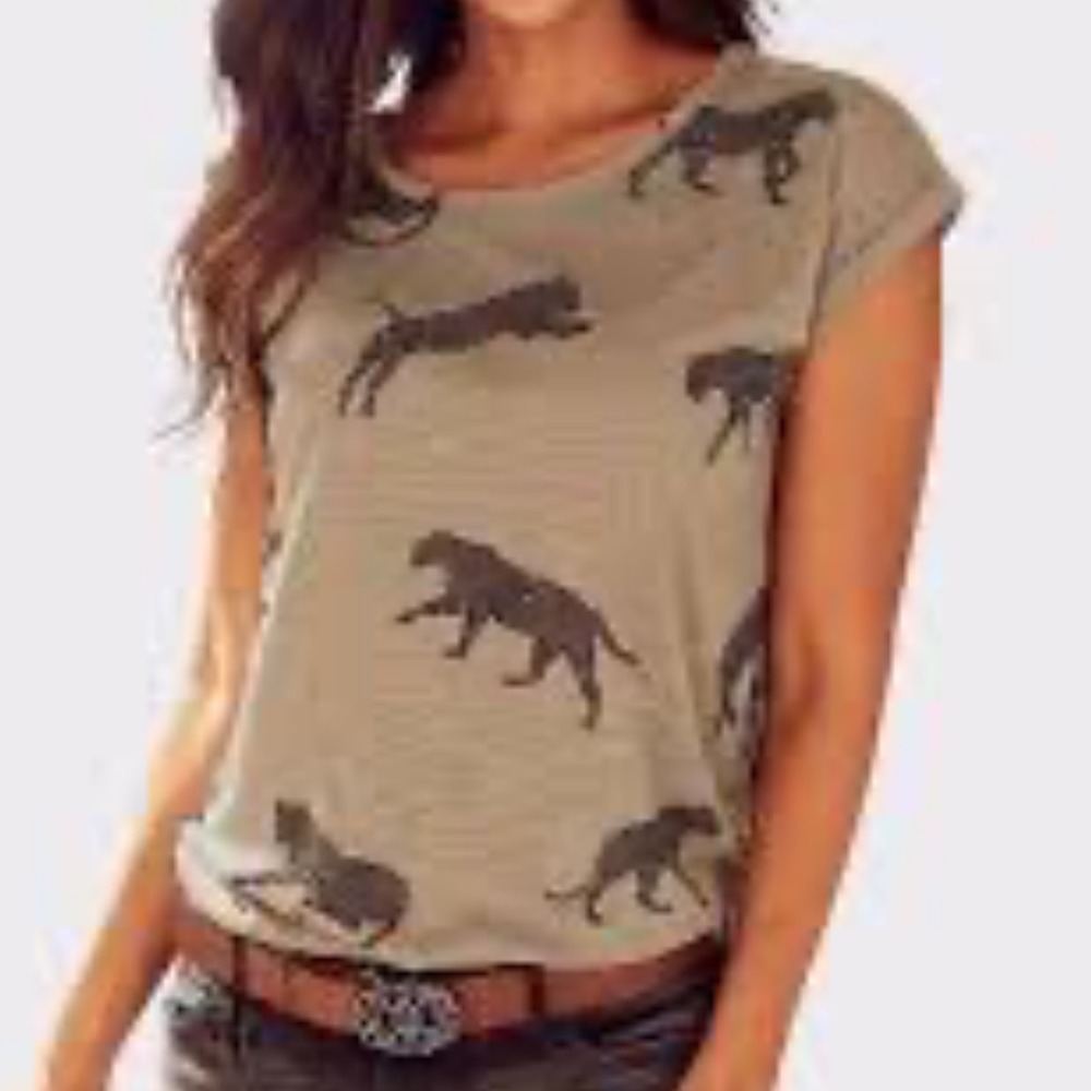 Lascana Womens Leopard Animal Print Slub Knit Elastic Hem Top Beige Size 8/10